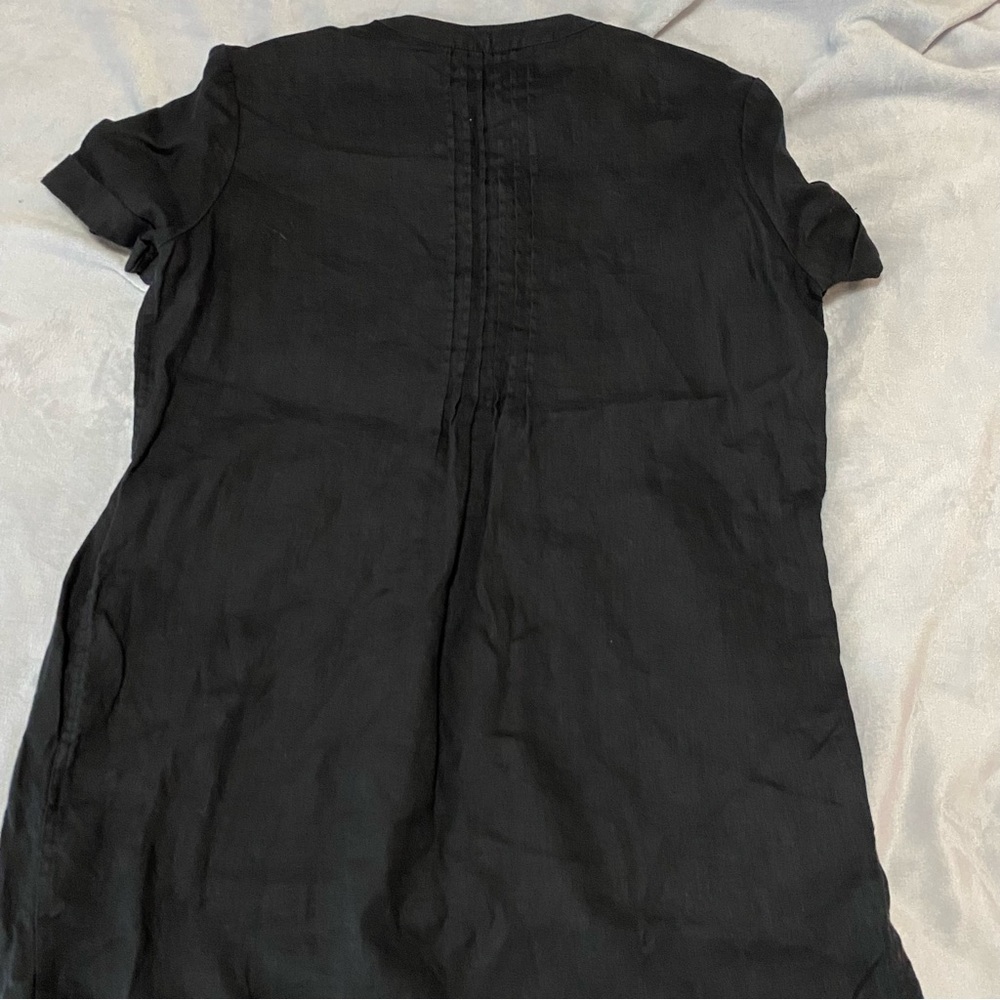 Quince Linen Black Short-Sleeve Pleated Women's Dress - Picture 2 of 9